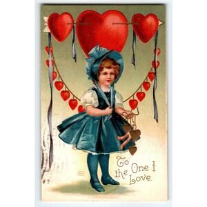To The One I Love Greetings Postcard Unsigned Ellen Clapsaddle Girl Hearts 1909